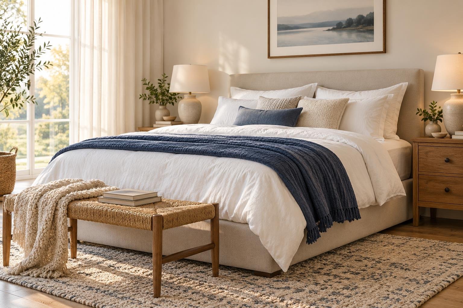 AI-generated bedroom illustration with white bedding and a navy throw; not a Casper product photo