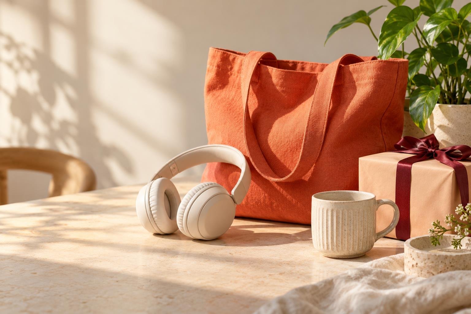 Illustrative shopping scene with a tote, headphones, a mug and a wrapped gift